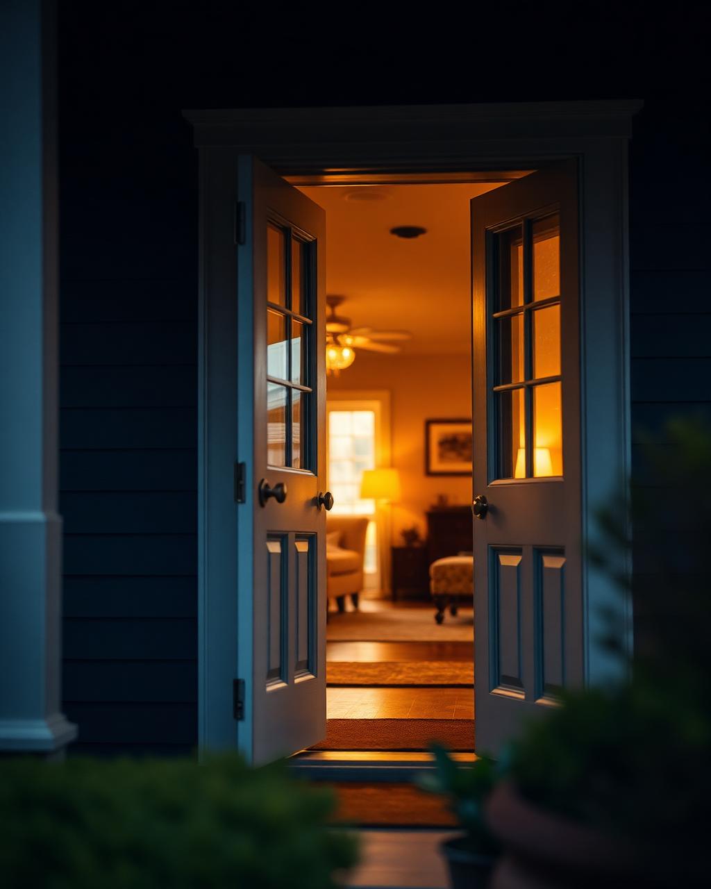 An open front door of a warm home with golden interior light spilling onto the porch at dusk